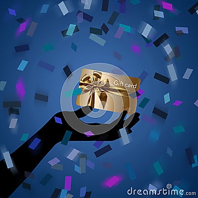 A gold gift card is seen in a silhouetted hand in a shower of confetti Cartoon Illustration