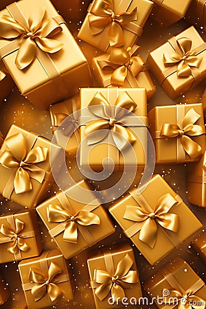 Gold gift group with ribbons on golden background. Stock Photo