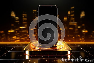 Gold glamour Smartphone showcased on a floating gold podium with neon Stock Photo