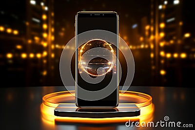 Gold glamour Smartphone showcased on a floating gold podium with neon Stock Photo