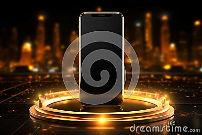 Gold glamour Smartphone showcased on a floating gold podium with neon Stock Photo