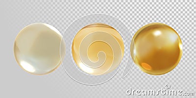 Gold glass ball isolated on transparent background. 3D realistic vector golden oil vitamin E pill capsule crystal glass ball textu Vector Illustration