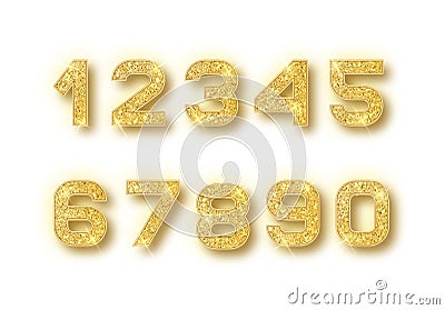 Gold glitter alphabet numbers set with shadow. Vector realistick shining golden font number 1,2,3,4,5,6,7,8,9,0 of Vector Illustration