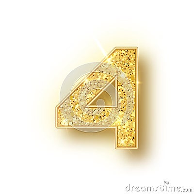 Gold glitter alphabet numbers 4 with shadow. Vector realistick shining golden font number four of sparkles on white Vector Illustration