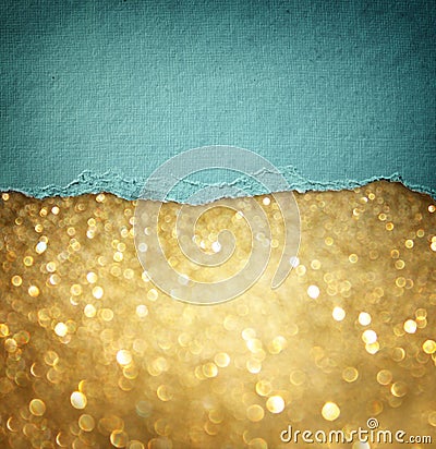 Gold glitter background and blue vintage torn paper . room for copy space. Stock Photo