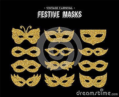 Gold glitter carnival mask set for party event Vector Illustration