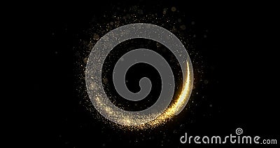 Gold glitter circle of light shine sparkles and golden spark particles spin trail on black background. Christmas magic stars glow Stock Photo