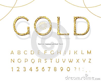 Gold glitter 3d font. Luxury golden colored ABC letters and numbers. Elegant glamour alphabet for holidays design. Vector Cartoon Illustration