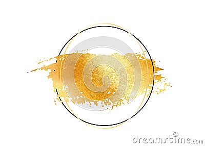 Gold glitter foil brush stroke vector. Golden paint smear with circle round border frame isolated on white. Glow metal Vector Illustration