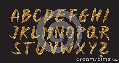 Gold glitter font brush on black background, golden vector cmyk illustration, glossy printing template. Vector Illustration