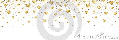 Gold glitter heart confetti border. Bright glitter particles for luxury greeting card. Sparkling texture. Valentines day Vector Illustration
