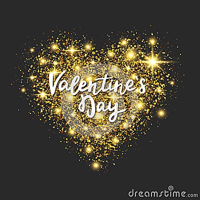 Gold glitter heart on dark background. Valentines day hand lettering. Golden star dust in heart shape with sparkles Vector Illustration