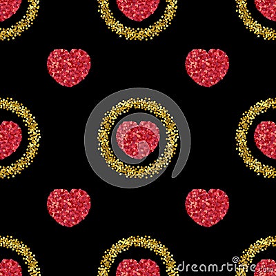 Gold glitter.Heart from red confetti.Heart pattern.Gold sparkles Vector Illustration