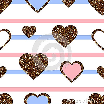 Gold glitter heart seamless pattern. Symbol of love, Valentine day holiday. Design wallpaper, background, fabric texture Vector Illustration