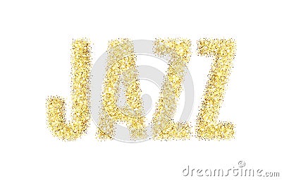 Gold glitter Inscription jazz. Golden sparcle word jazz on white background. Amber particles. Stock Photo