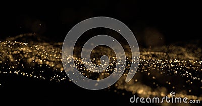Gold glitter light particles splash wave, golden glittering glow sparks, bokeh effect black background Stock Photo