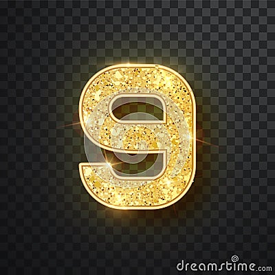 Gold glitter numbers nine with shadow. Vector realistick shining golden font figure 9 lettering of sparkles on black Vector Illustration