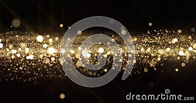 Gold glitter particles, light bokeh wave and golden shimmering sparkles overlay effect. Gold shimmer glow glittering sparkles Stock Photo