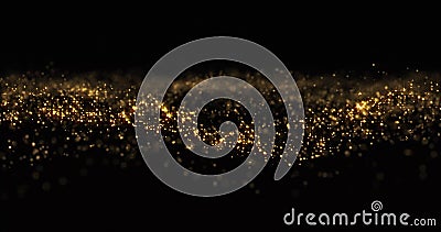 Gold glitter particles wave background, shining gold sparks and yellow glittery bokeh light. Gold glow and shimmering sparkles Stock Photo