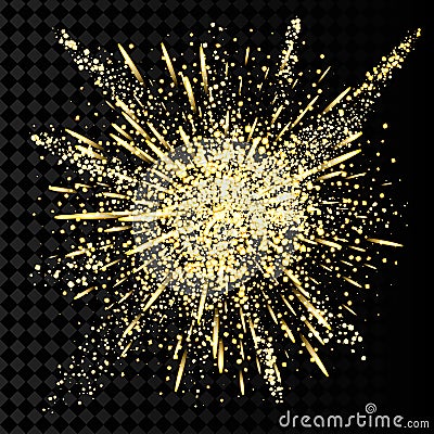 Gold glitter powder explosion. Golden dust and spark particles splash or shimmer burst. Vector Illustration