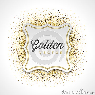 Gold Glitter Sparkles Bright Confetti White Paper Label Frame Vector Background Vector Illustration