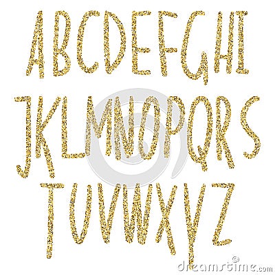 Gold glitter sparkling alphabet. Decorative golden luxury letters . Shiny glam abstract abc. Goden glitter text good for sale, h Vector Illustration