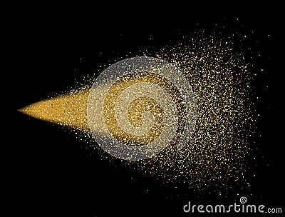 Gold glitter spray on black background. Glowing drops in motion. Golden magic star dust. Light particles. Bright glitter explosion Vector Illustration