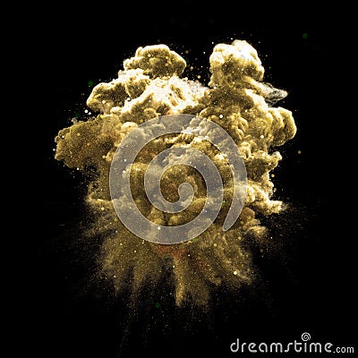 Gold glitter stardust particle smoke golden paint powder explosion cloud background Stock Photo