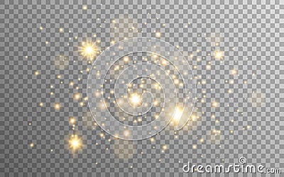 Gold glitter and stars on transparent background. Golden particles with stardust. Magic lights composition. Special Vector Illustration