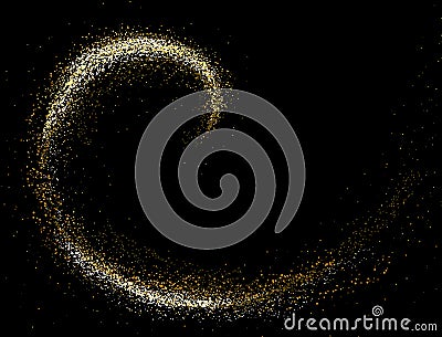 Gold glitter texture on a black background. Round Spiral galaxy of golden star dust Vector Illustration