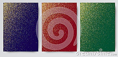 Gold glitter texture isolated on green red blue . Amber particles color. Celebratory background. Vector Illustration