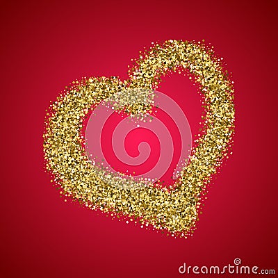 Gold glitter Valentines Day heart on red gradient Vector Illustration