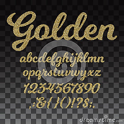 Gold glitter vector font, golden alphabet with lowercase letters, numbers and symbols Vector Illustration