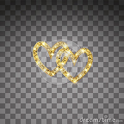 Gold glitter vector two hearts. Golden sparcle St. Valentines day card. Luxouy design element. Amber particles on Vector Illustration