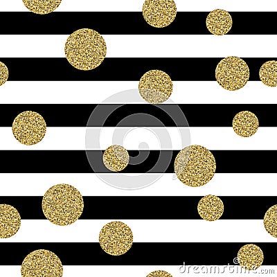 Gold glittering confetti circles on black stripes seamless pattern. Vector Illustration