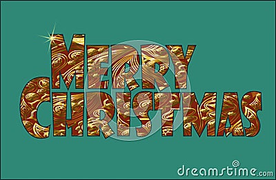 Gold glittering metal Merry Christmas signs. Floral vintage oriental ornament. Greeting card golden holiday east background Stock Photo