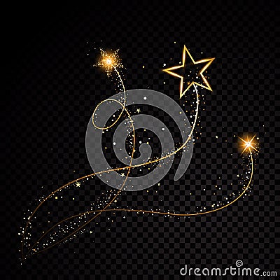 Gold glittering spiral star dust trail sparkling particles on transparent background. Space comet tail. Vector glamour Vector Illustration