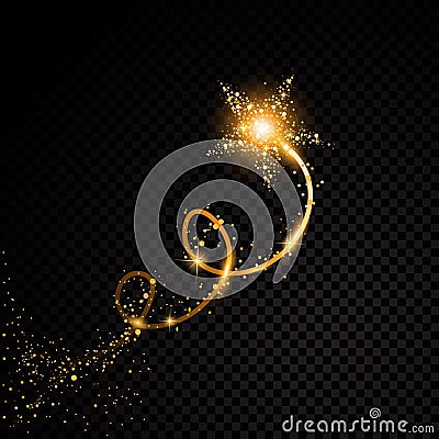 Gold glittering spiral star dust trail sparkling particles on transparent background. Vector Illustration