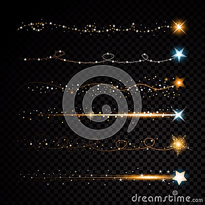 Gold glittering star dust trail sparkling particles on transparent background. Space comet tail. Vector glamour fashion Vector Illustration