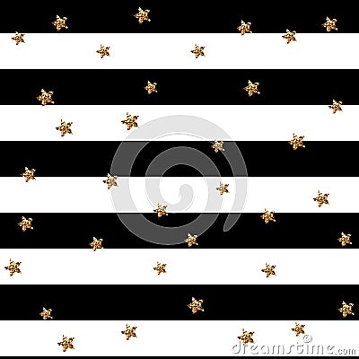 Gold glittering stars confetti seamless pattern on stripe background. Vector illustration. Glitter stars and lights, sparkles. End Vector Illustration