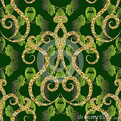 Gold glittery vintage 3d vector seamless pattern. Dark green ornamental floral background. Baroque style leafy repeat backdrop. Vector Illustration