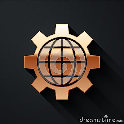 Gold Globe of the Earth and gear or cog icon isolated on black background. Setting parameters. Global Options. Long Vector Illustration