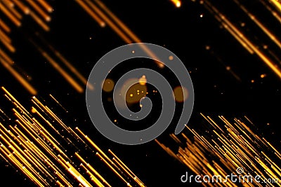 Gold glow glittering particles bokeh lines transition sparkle effect on black background, holiday happy new year Stock Photo