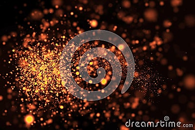 Gold glow glittering particles bokeh tail transition sparkle effect on black background, holiday happy new year Stock Photo