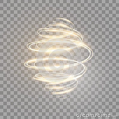 Gold glowing spiral on transparent background. Luxury golden light swirl. Bright speed motion effect. Glitter wavy trail Vector Illustration