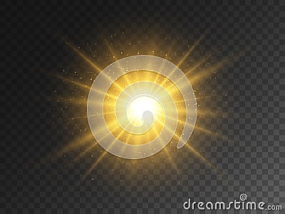 Gold glowing star on transparent backdrop. Magical explosion with star dust. Christmas light effect with magic particles Vector Illustration
