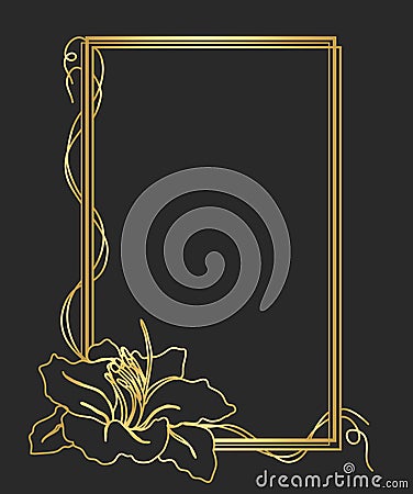 Gold glowing vintage frame with flower lily. Golden luxury realistic border. Vector Illustration