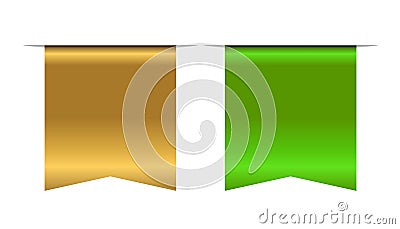 Gold and green bookmark banner 3D. Vertical book mark, isolated white background. Color golden tag, label. Flag symbol Vector Illustration