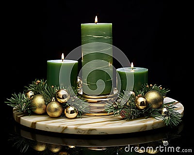 The gold and green display set has a round marble plate. Cartoon Illustration