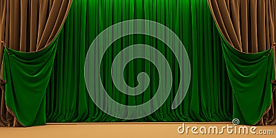 gold and green Red Curtain, opera scene drape backdrop, concert grand opening or cinema premiere backstage, Stock Photo